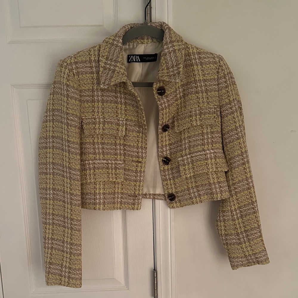 Zara Women's Beige and Brown Plaid Blazer
